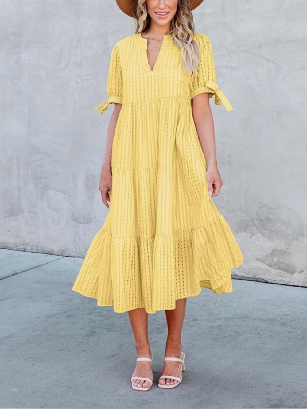 NWT Yellow Lightweight Tiered Eyelet Midi Dress-S - Picture 10 of 17